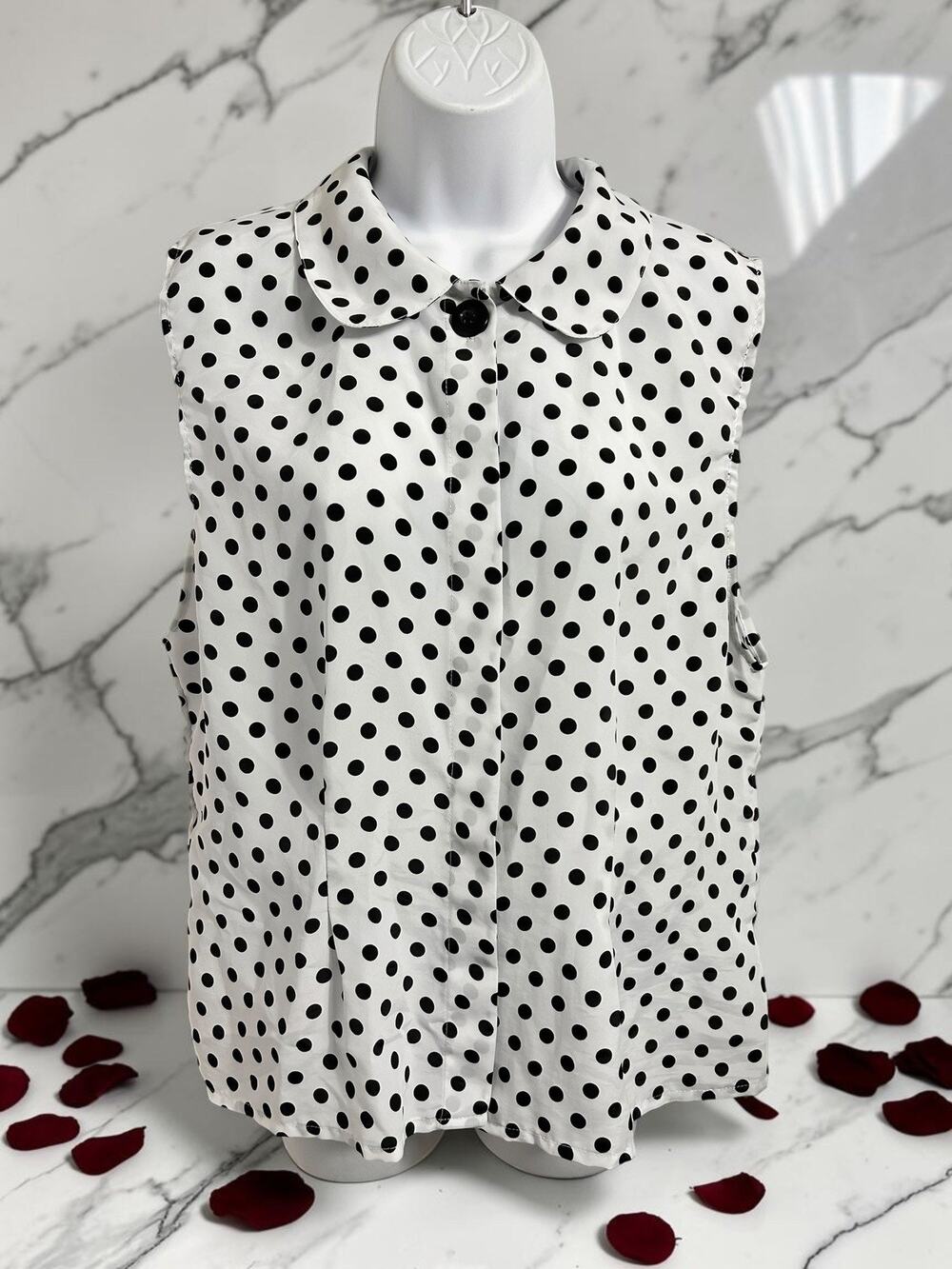 Vintage Impressions Of California Blouse Sz L Sleeveless Button Polka Dots Top